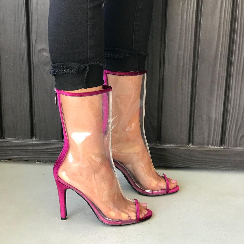 NIB Burgundy Red Clear Peep Toe Boots - Picture 3 of 8